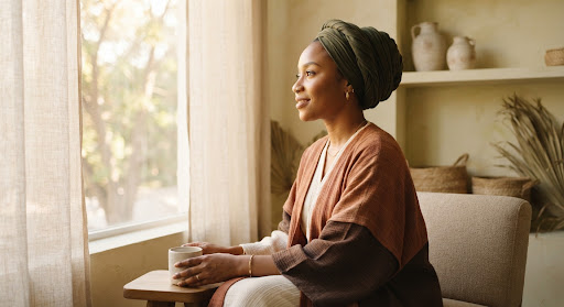 A woman sitting peacefully by a sunlit window