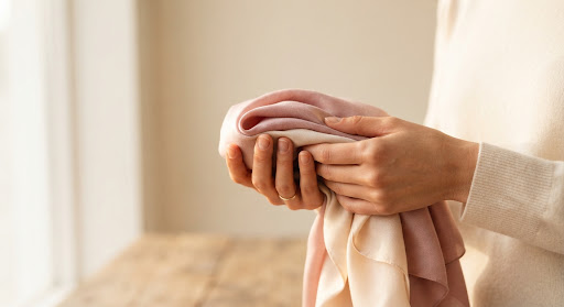 Hands holding finely folded fabric